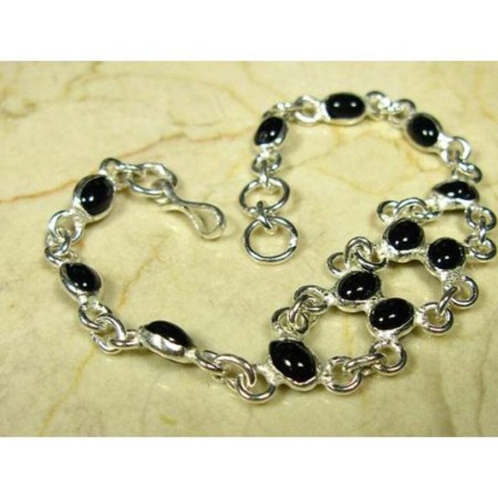 Silver & Black Onyx Oval Stones Link Bracelet - NEW